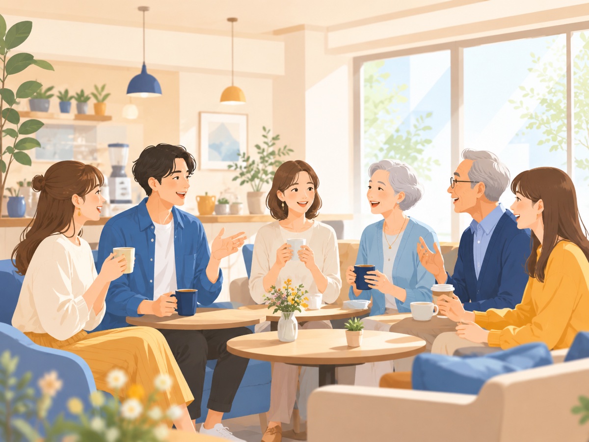 カフェで多世代の生徒が笑顔で英会話を楽しむ様子